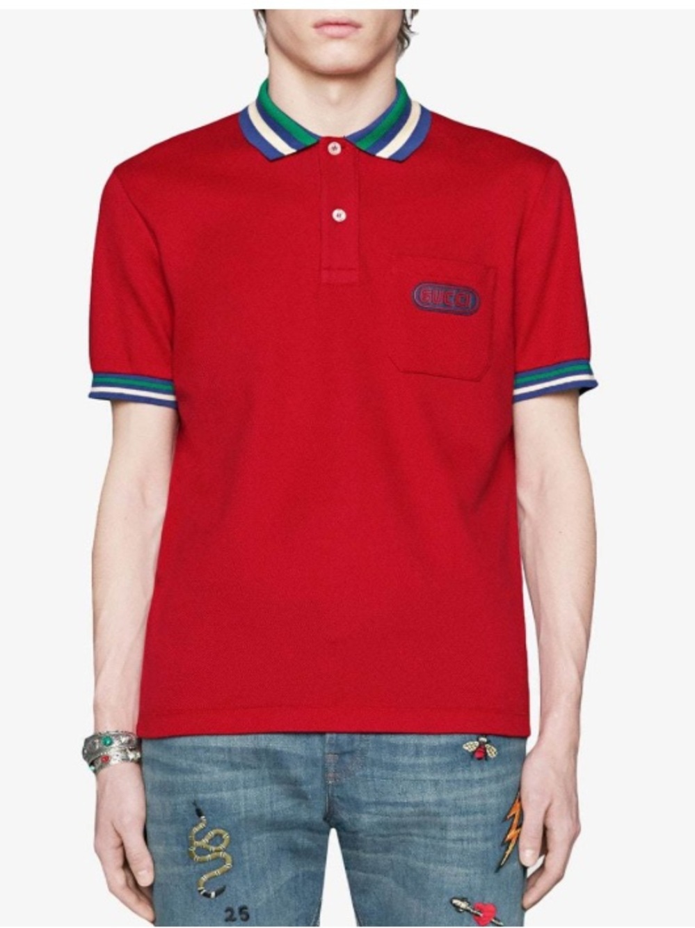 Gucci Men’s Red Cotton Pique Contrast Detail Polo T-Shirt